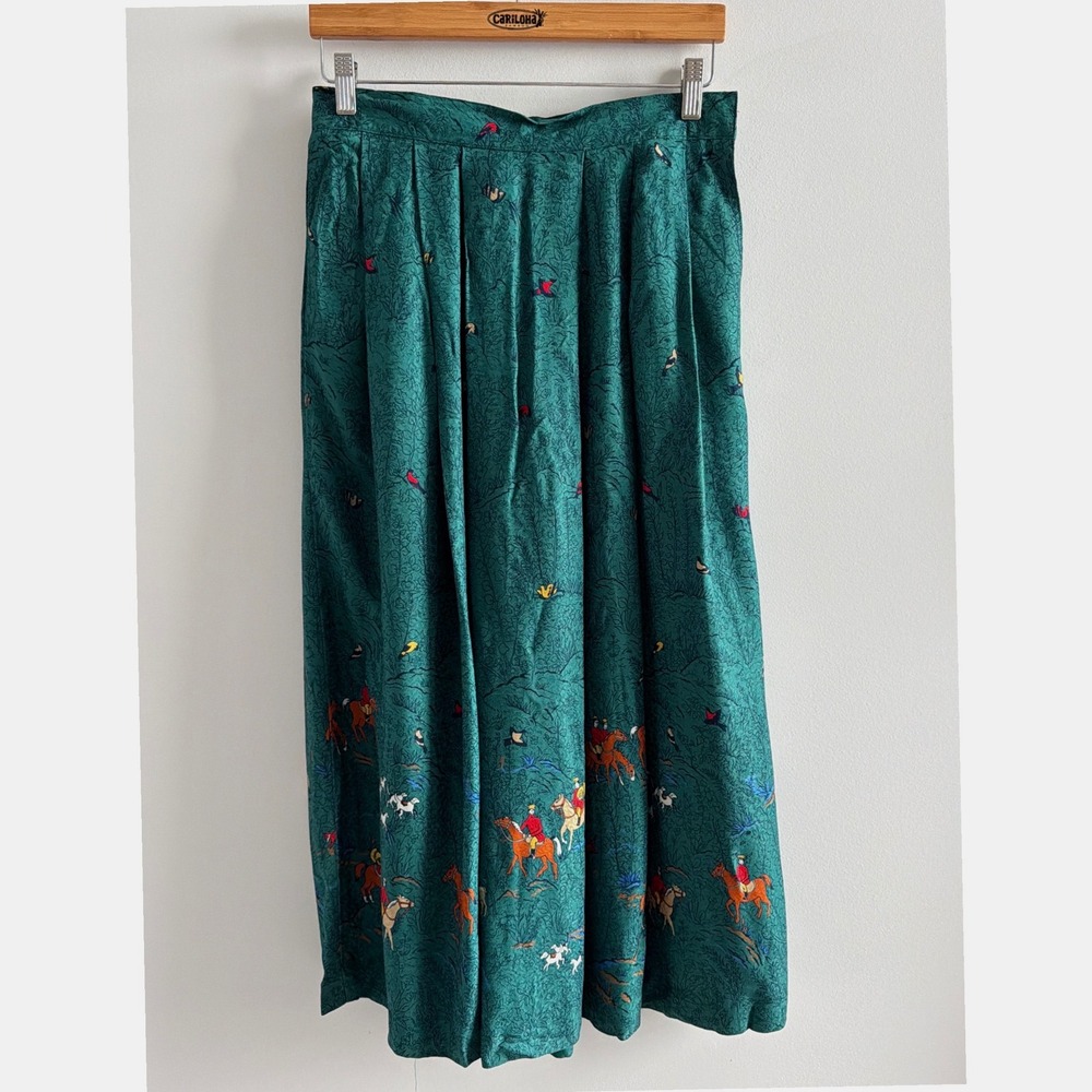 Vintage 90s Equestrian Green Horse Print Pleated Preppy Midi Skirt S 28"USA Made